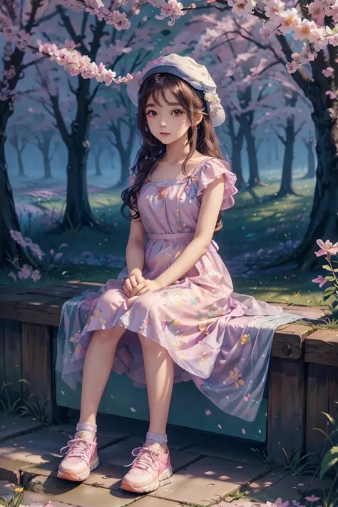 an animated character sitting near the sakura tree with a cat. warming tone pastel color cute classy clothing ,flowers dress pat...