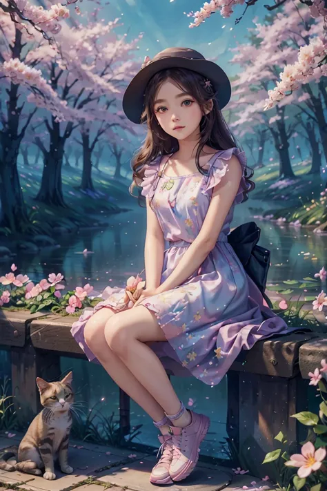 an animated character sitting near the sakura tree with a cat. warming tone pastel color cute classy clothing ,flowers dress pat...