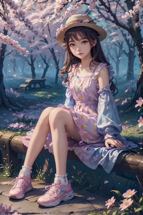 an animated character sitting near the sakura tree with a cat. warming tone pastel color cute classy clothing ,flowers dress pat...