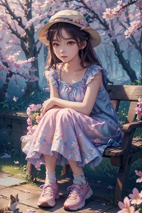 an animated character sitting near the sakura tree with a cat. warming tone pastel color cute classy clothing ,flowers dress pat...