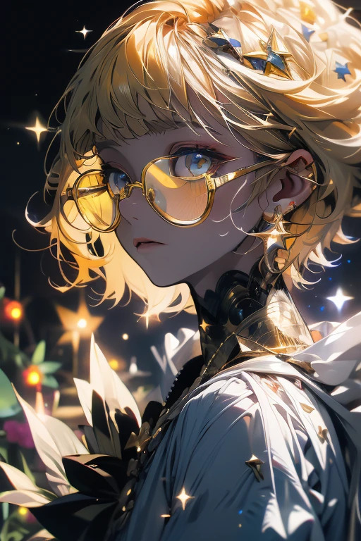 (Natural skin texture、Hyperrealism、やわらかいLight、sharp) Highest quality、8k、High resolution、masterpiece、Wearing glasses、Soft yellow hair、Bobcut、Expressionless、　Colorful、Light、Fantasy、garden、star、Cosmic、magic、