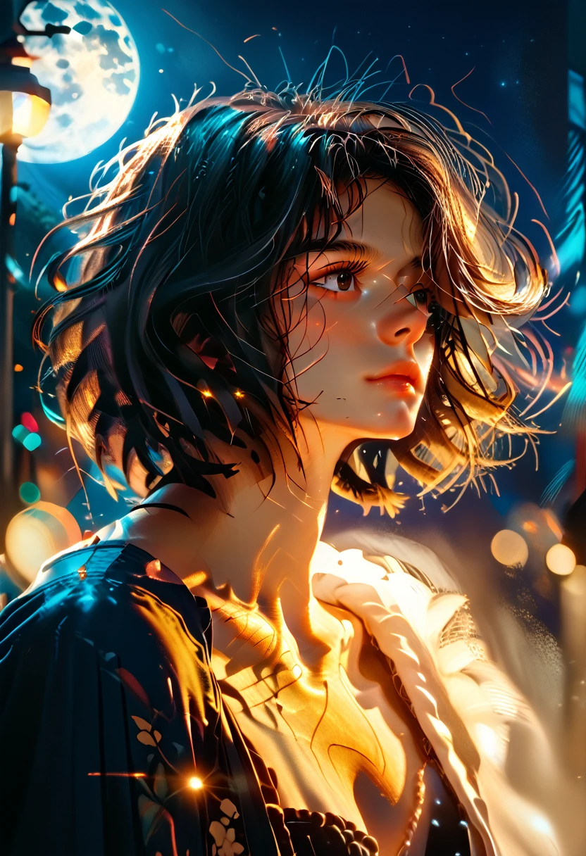 (half body shot,Street lights,moon),masterpiece, 1 girl, Solo Exhibition, beautiful woman on a busy street, surrounded by peddlers, Beautiful portrait of a goddess girl, beautiful and detailed face, porcelain skin, (((bust shot, center, night, black hair, short hair)), Super soft lighting, symmetry, Complexity, elegance, high detail, Realism, Art, concept Art,