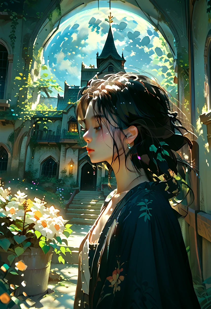 A girl with black hair walks in the castle garden on a full moon night.