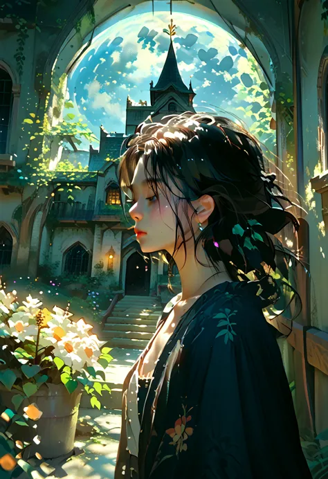 a girl with black hair walks in the castle garden on a full moon night.