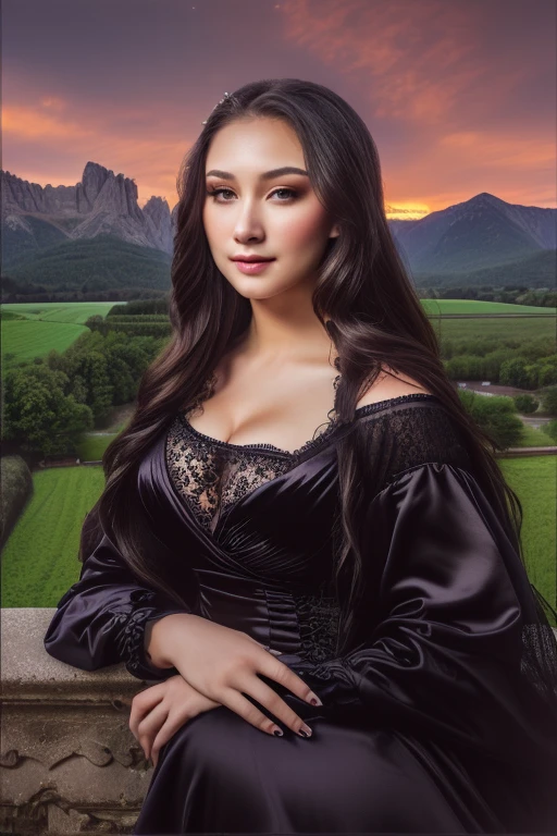 ((hyper realistic)), raw photo, Portraiture, Overlooking the beautiful fields and mountains in the background, Dark lace dress、Cleavage, Heavy makeup for today&#39;s women,((A gentle smile filled with love)),((Heavy gal makeup:1.4)),((Curvaceous physique)), (Brown Hair)、((The gaze is directed straight ahead)),Perfect Makeup、Long eyelashes、Thick lips、Bright and shiny lipstick、Fair skin、(Very heavy makeup:1.2)、(Deep pink around the eyes)、Beautiful bright eyeshadow、Big eyes、Heavy makeup around the eyes、(Huge breasts:1.2)、Long wavy hair、(Romantic affection)、((The best smile full of kindness and love))