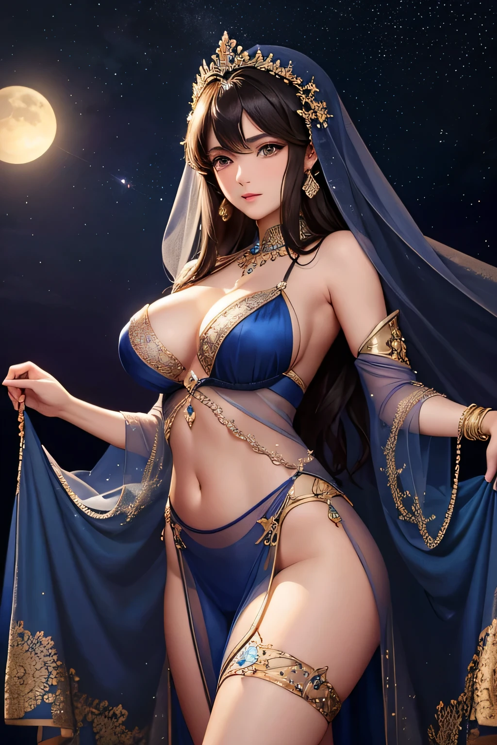 "A beautiful Middle Eastern princess with dark brown curly hair, Layla of Sheherazade, is wearing an exquisite lingerie set made of deep blue silk, adorned with silver embroidery depicting stars and moons. The delicate and lightweight fabric drapes gracefully over her form, reflecting the mysterious and exotic aura of the Sheherazade Kingdom. The lingerie is both sensual and elegant, enhancing her allure while capturing the serene beauty of the night sky in her homeland. The soft silk and celestial designs make her appearance both enchanting and regal."