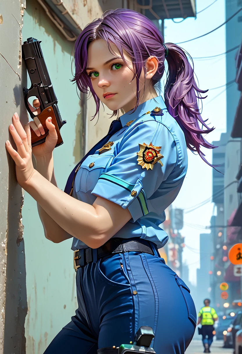 ((masterpiece)), ((Best quality)), ((a high resolution)), 1 girl, One, police officer, (подходящие trousers, trousers), City background, (hold and aim a pistol, detailed pistol, Glock 22, give rise to disciplinary liability), standing, medium hair, (purple hair, ponytail), (green eyes),