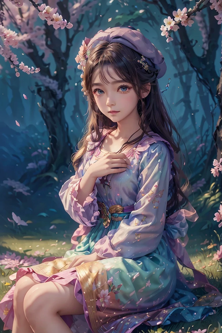 an animated character sitting near the sakura tree with a cat. warming tone color , mythology classy clothing ,flowers dress pattern , hat, flowers vine, wise colorful eyes, The background is fantsy sky, flowers, shining star, Happy feeling mood and tone.