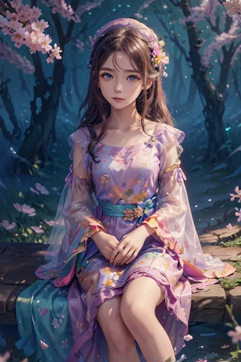 an animated character sitting near the sakura tree with a cat. warming tone color , mythology classy clothing ,flowers dress pat...