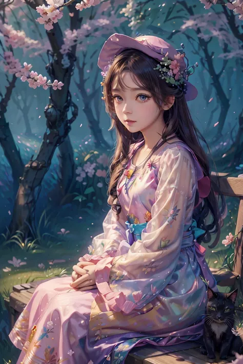 an animated character sitting near the sakura tree with a cat. warming tone color , mythology classy clothing ,flowers dress pat...