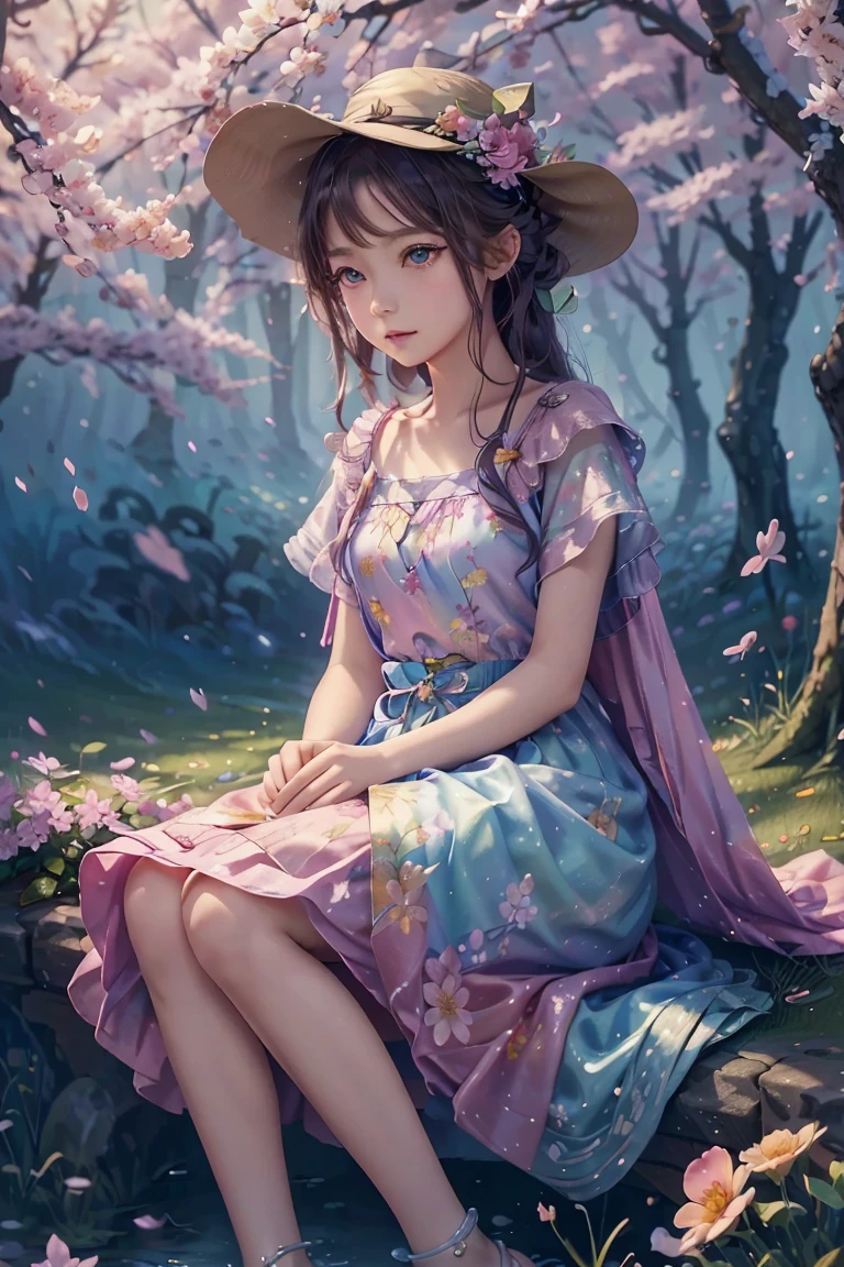 an animated character sitting near the sakura tree with a cat. warming tone color , mythology classy clothing ,flowers dress pattern , hat, flowers vine, wise colorful eyes, The background is fantsy sky, flowers, shining star, Happy feeling mood and tone.