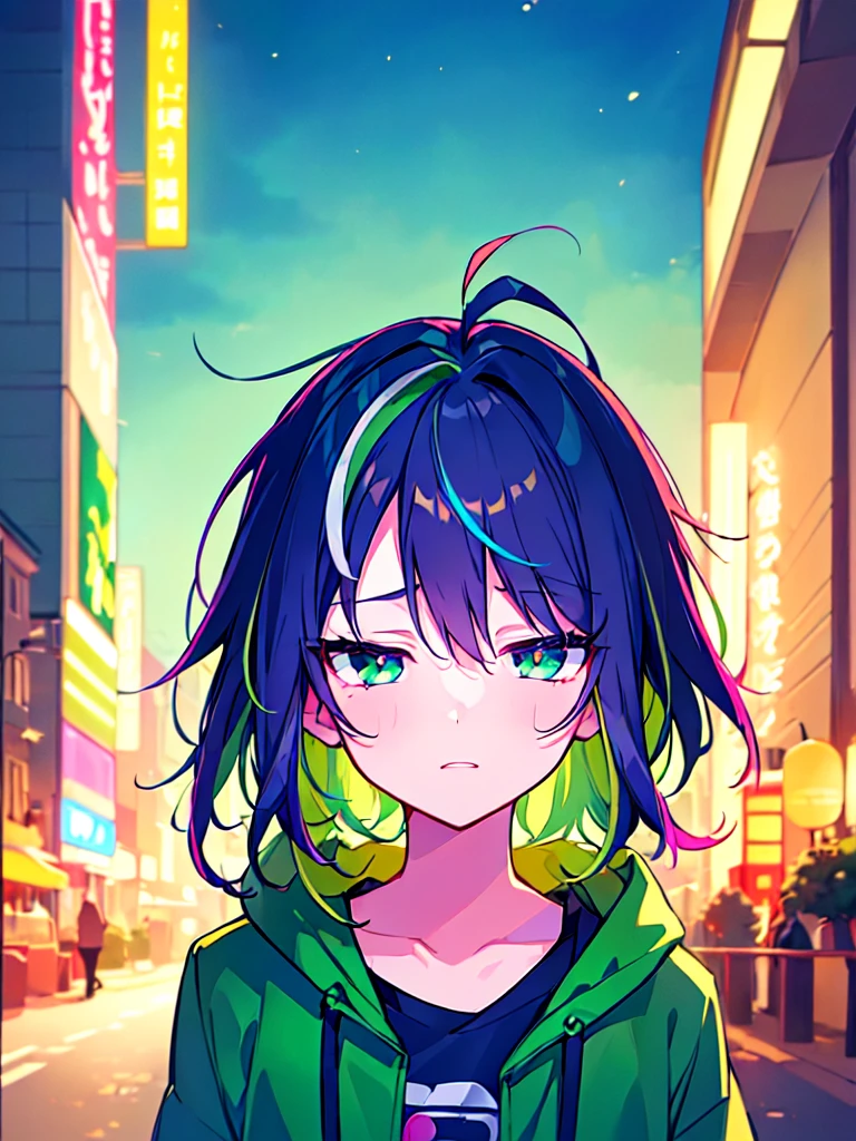 [(CITYPOP BACKGROUND:1.5),::5], ((((masterpiece)))), high quality, ultra very high resolution, full color, (((solo))), ((little boy)), Purple hair, ((Green streaked hair)), (Green eyes), anime, ((upper body)), neon light, black parka, 