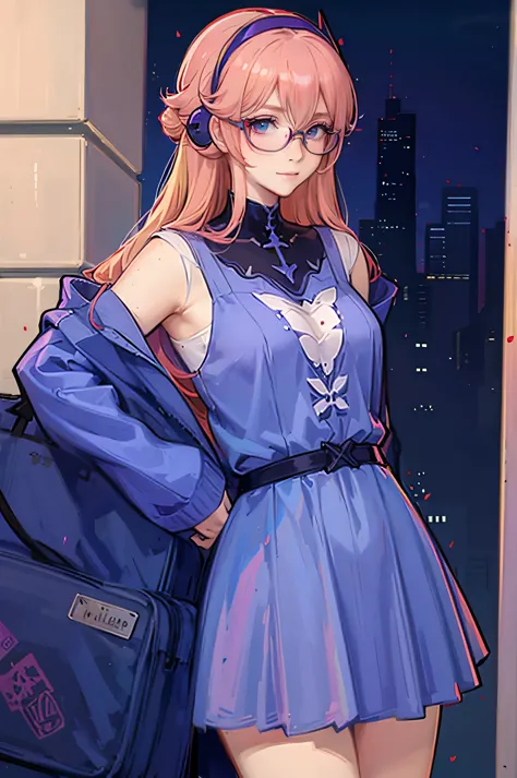 anime,an illustration,purple robot,mobile suit,dom,light blue check dress,red glasses,blonde,light blue mesh hair,beautiful girl...