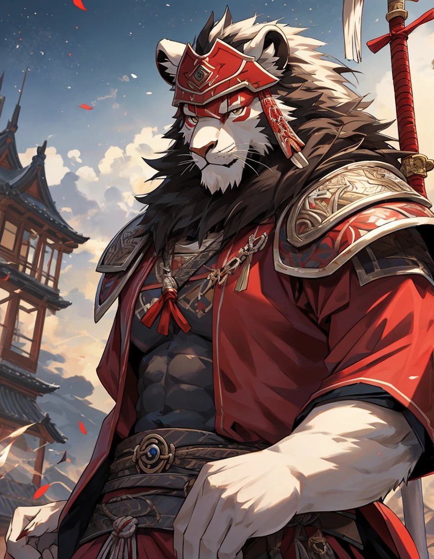 Brave, Great and noble lion samurai warrior,(Whole body white fur), Wearing very detailed red samurai armor,He wears a red mask on his head that resembles a demon.&#39;horn., Sengoku period,He is holding a black and gold fan, Highly detailed background, Cherry blossoms blowing in the wind, 完璧なmasterpiece, high quality, High resolution writing boundary depth, Perfect lighting, (Particles of light),(最high quality),(masterpiece),(Ultra Deshipped),Sharp focus,Particles of light