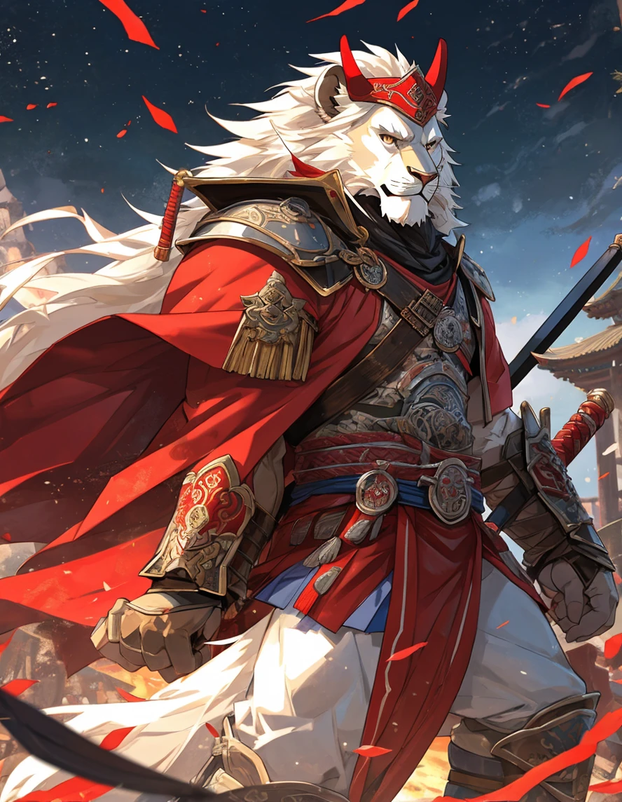 Brave, Great and noble lion samurai warrior,(Whole body white fur), Wearing very detailed red samurai armor,He wears a red mask on his head that resembles a demon.&#39;horn., Sengoku period,He is holding a black and gold fan, Highly detailed background, Cherry blossoms blowing in the wind, 完璧なmasterpiece, high quality, High resolution writing boundary depth, Perfect lighting, (Particles of light),(最high quality),(masterpiece),(Ultra Deshipped),Sharp focus,Particles of light