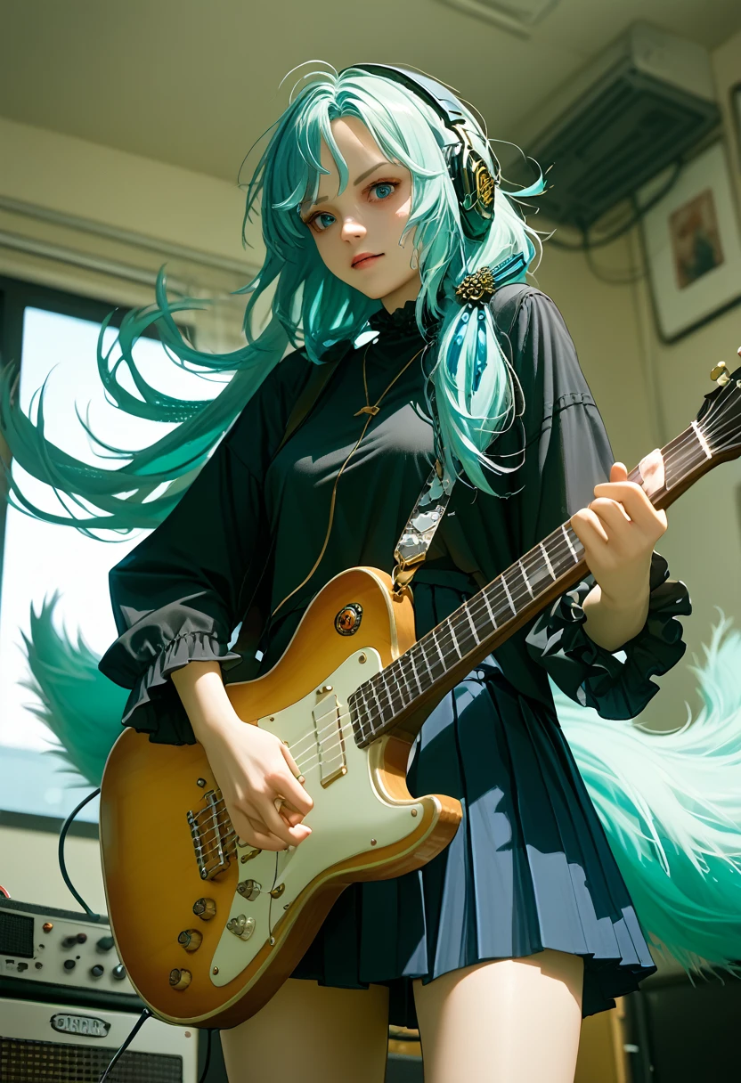 ((masterpiece, Best quality))1 girl, One, black dress, Blue eyes, electric Guitar, Guitar, headphones, double tail, holding, holding plectrum, tool, long hair, music, one side up, turquoise hair, two tails, I play guitar, pleated skirt, black shirt, Interior