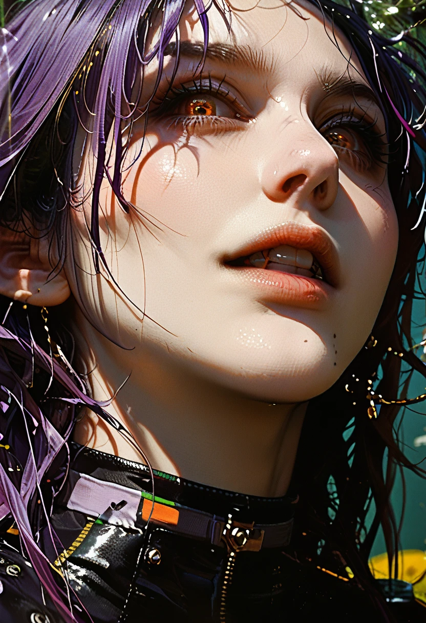 Cute girl with brown skin, sexy body, wavy purple hair [with shades of black], Golden eyes (brilliant), ultra realistic eyes, with a gun, jumping, with sniper equipment, Game Valorant Rebellion, round face, realistic lighting, radiation, Close-up.