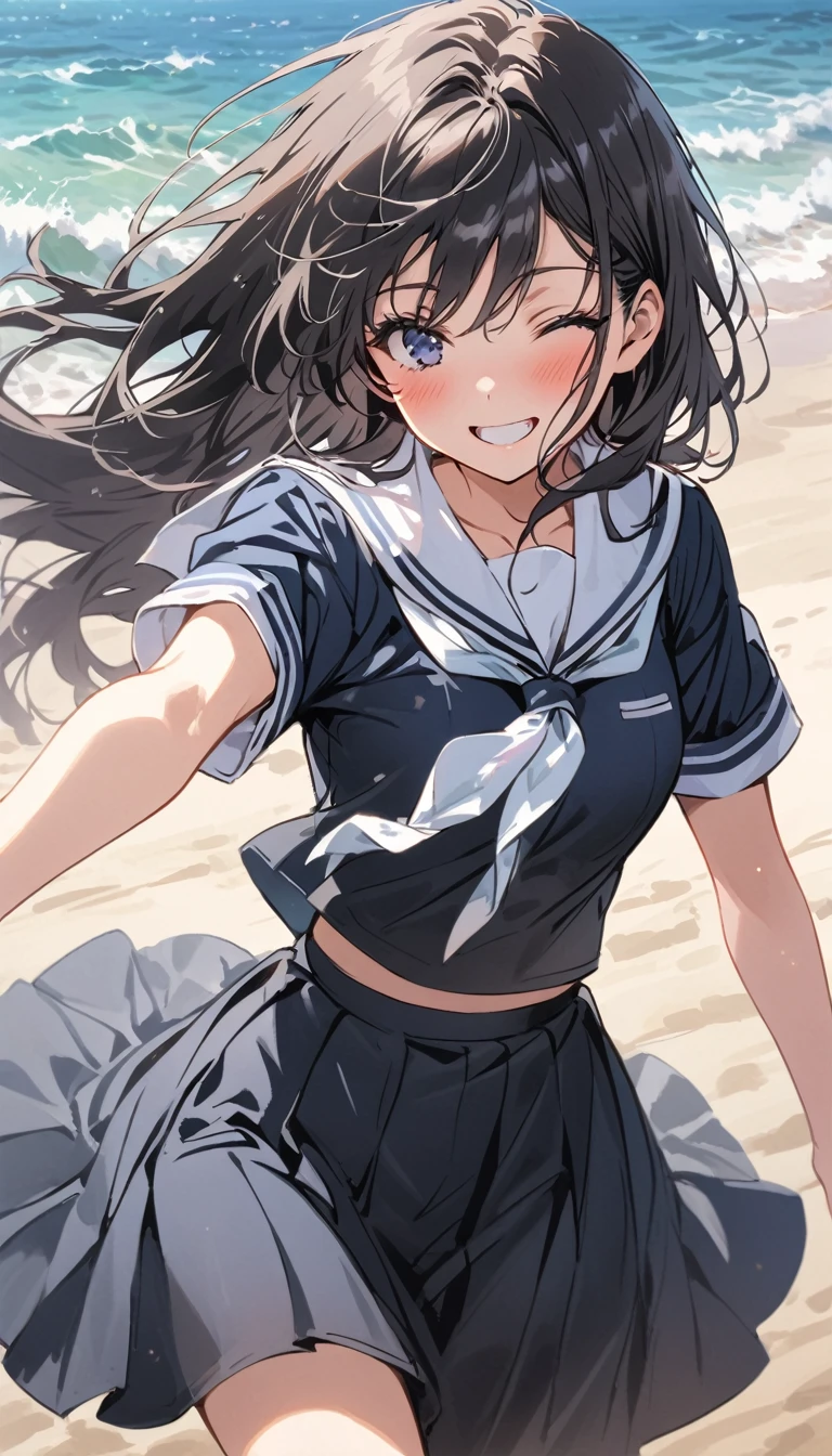 high school girl　beauty　Black Hair　smile　Embarrassing　blush　Black Sailor Suit　Skirt flipped up　Pure white underwear　tits　Get excited　Lift up the skirt　Sandy Beach　Strong winds　Photograph the whole body