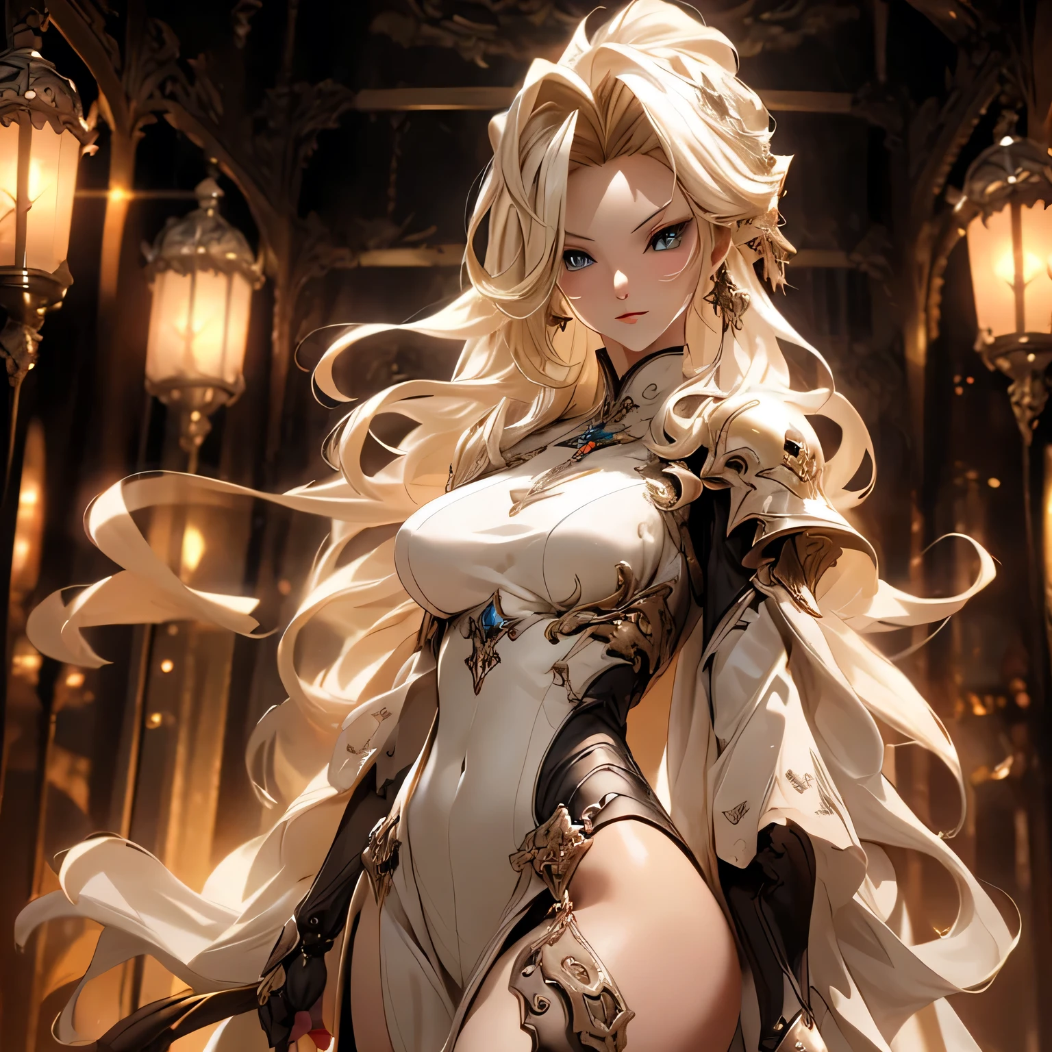 (best quality)), ((Masterpiece)), (details:1.4), 3d, HDR (high dynamic range), an image of a beautiful cyberpunk female, Blonde hair, Long hair, Sleek style, Golden eyes, hips up, จมูกโด่ง, ปากแดง, หน้าอกใหญ่, nvidia RTX, PBR surface, After processing, Anisotropic filtration,depth of field, Maximum clarity and clarity, multi-layered surface, Subsurface scattering, perfect proportions, 8K raw files, ultra detailed, Perfect proportions, volumetric lighting, soft lighting, Holy Paladin, Heavy Armor, glossy skin, castle background, jewely, ต่างหู, นิ้วมือสมบูรณ์,