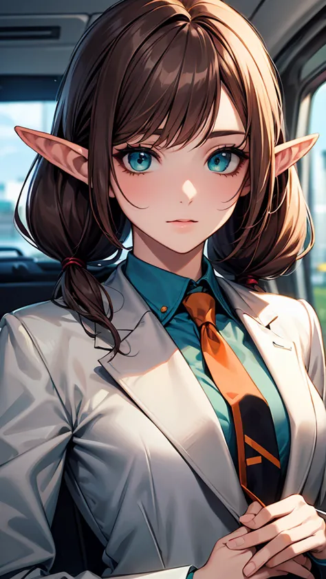 ((masterpiece)), ((best quality)), perfect detailed eyes, perfect detailed face, brown hair, pigtails, elf, long pointy ears, aq...