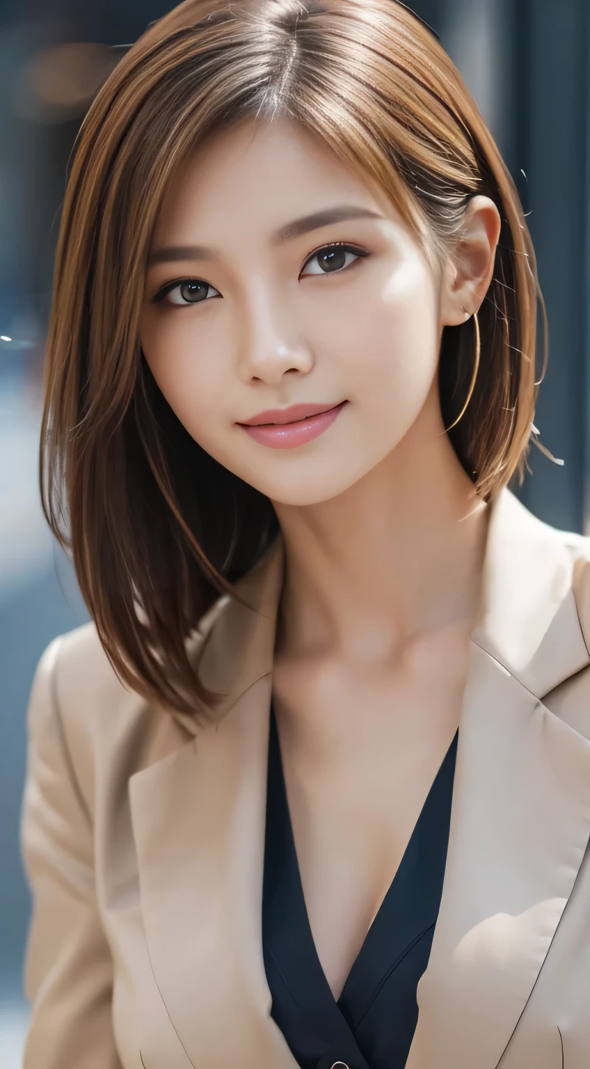 Tabletop, Highest quality, Realistic, Very detailed, In detail, High resolution, 8k wallpaper, One beautiful woman,, Light brown messy hair, Wearing a business suit, Sharp focus, Perfect dynamic composition, Beautiful attention to detail, Fine hair, Detailed and realistic skin texture, smile, Close-up portrait, Model body type