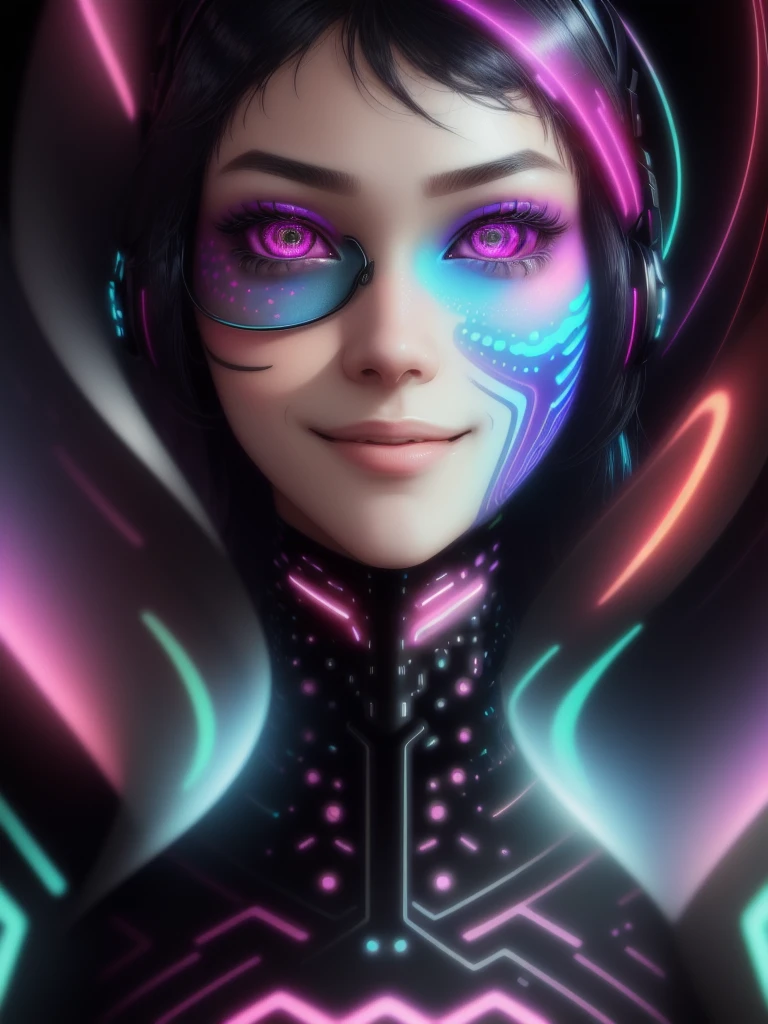 Memes, Surreal, Digital Art, Information flow, abstract pattern, psychedelic, Neon color, Glitch Art, cyber punk, Cinema Lighting, Super detailed, Realistic, Volumetric, Studio Lighting, Vibrant colors, psychedelic elements, Social Media, Cultural phenomenon、Zoom in on face、Cool beauty squints her eyes、smile