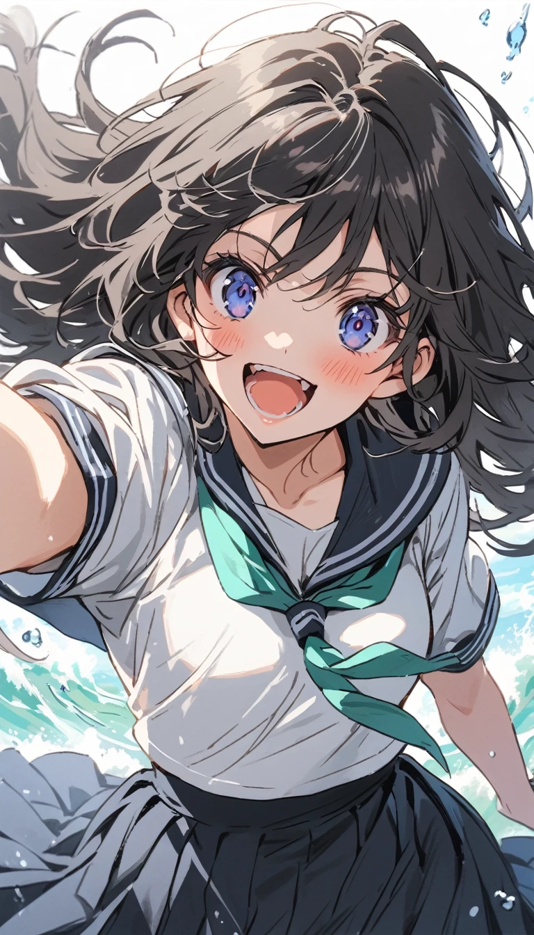 high school girl　beauty　Black Hair　smile　Embarrassing　blush　Black Sailor Suit　I flipped up my skirt　Pure white underwear　tits　Be excited　Roll up your skirt　Sandy Beach　Strong winds　Photograph the whole body