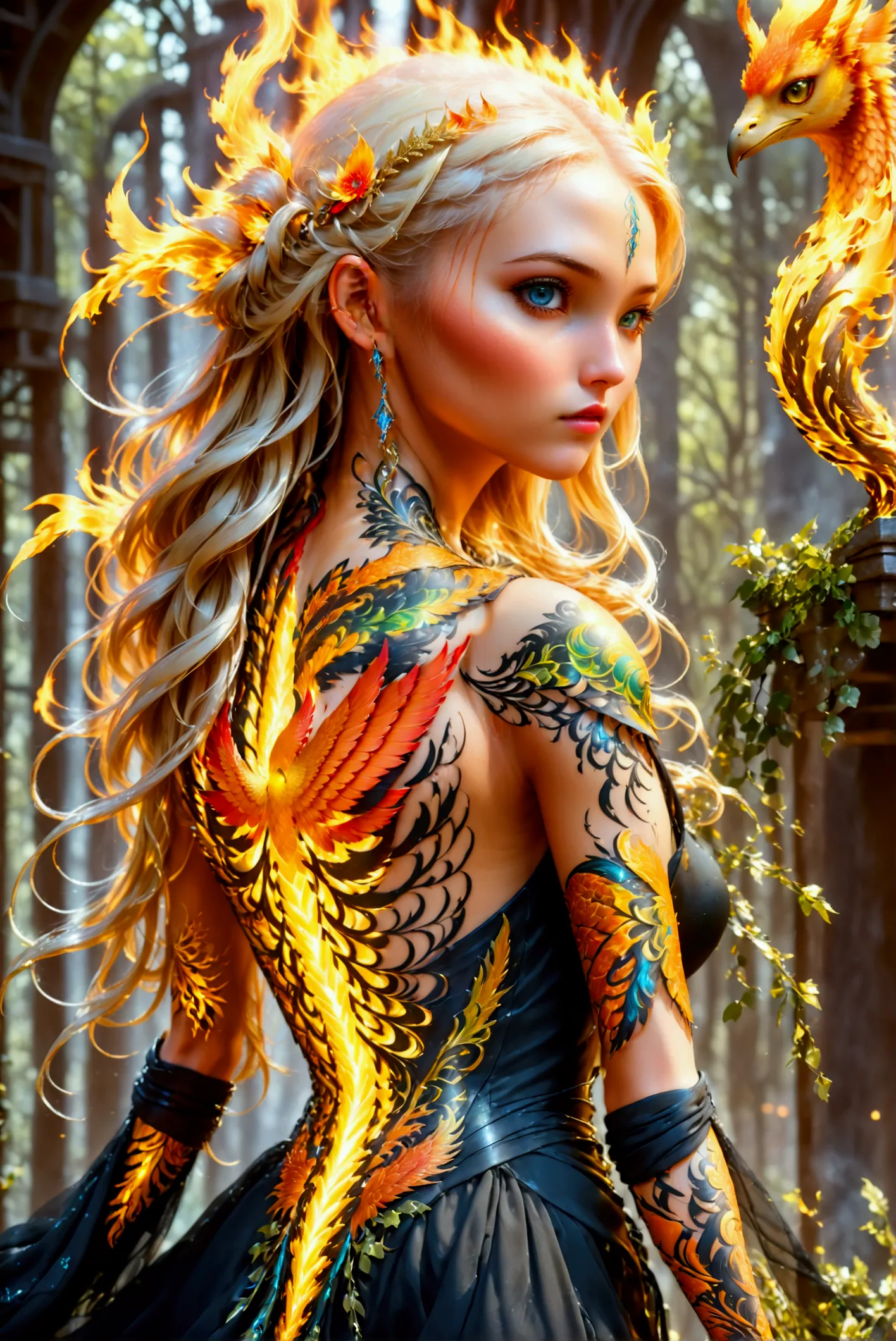 watercolor art, fantasy art, goth art, a picture of a tattoo on the back of a female elf, a glowing tattoo of a ((phoenix: 1.3))...