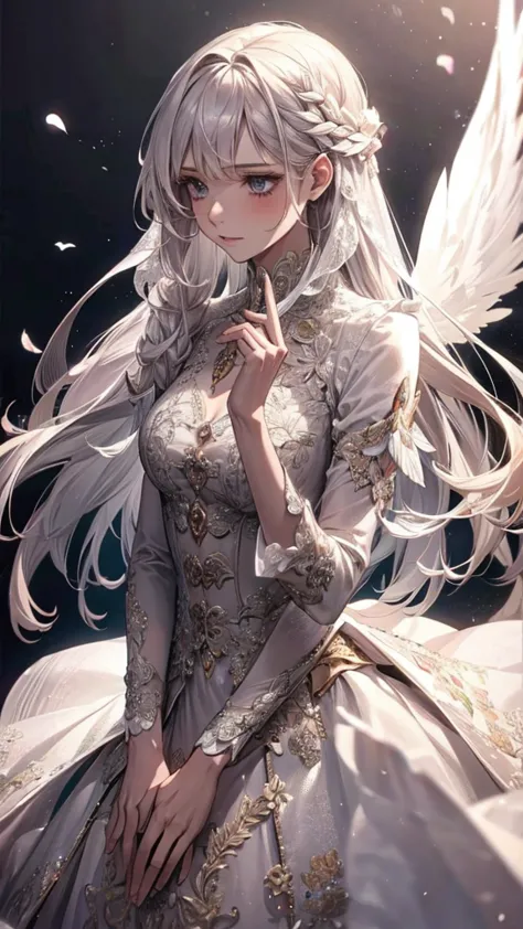 white clothes，wing, very detailed, floral clothes，long hair girl, female magician