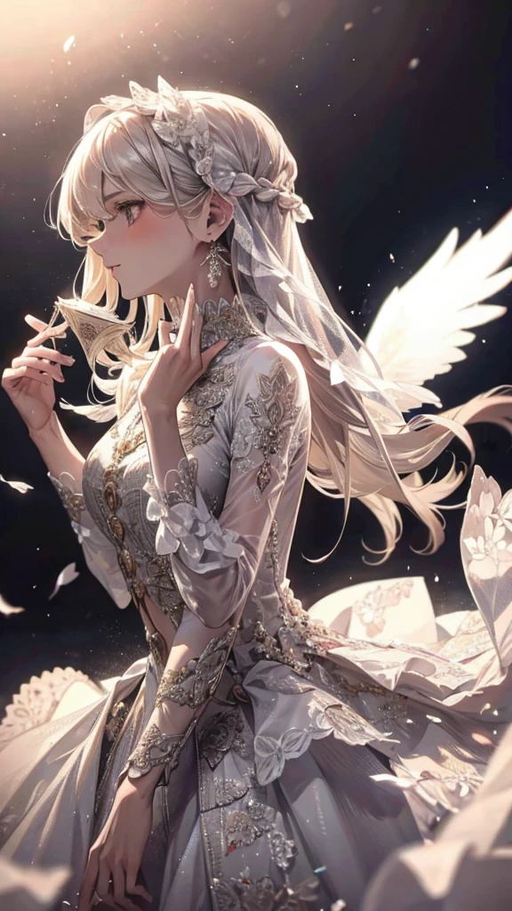 White clothes，wing, Very detailed, Floral clothes，Long Hair Girl, Female Magician