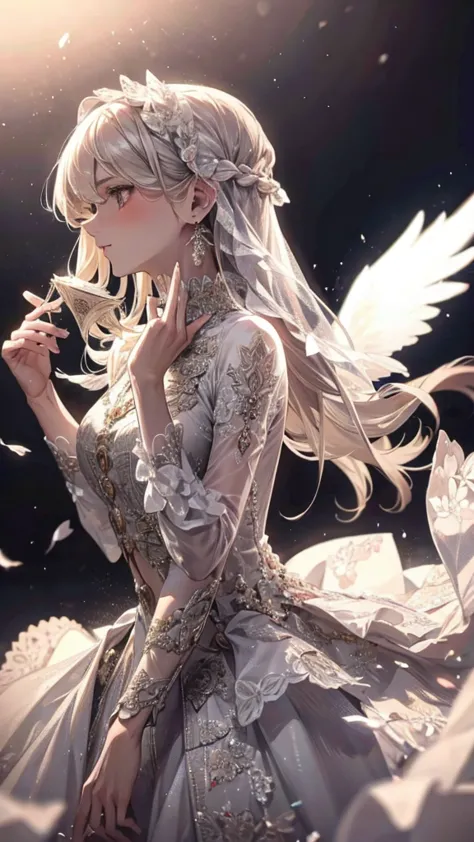 white clothes，wing, very detailed, floral clothes，long hair girl, female magician