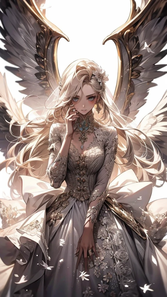 White clothes，wing, Very detailed, Floral clothes，Long Hair Girl, Female Magician