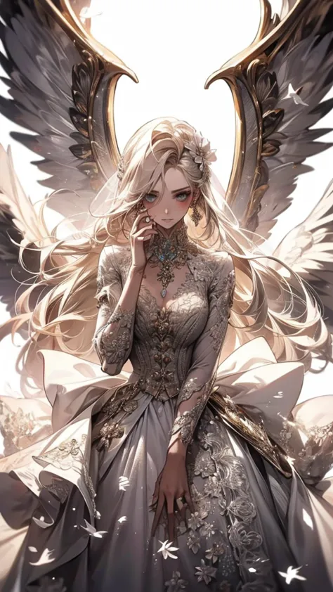 white clothes，wing, very detailed, floral clothes，long hair girl, female magician