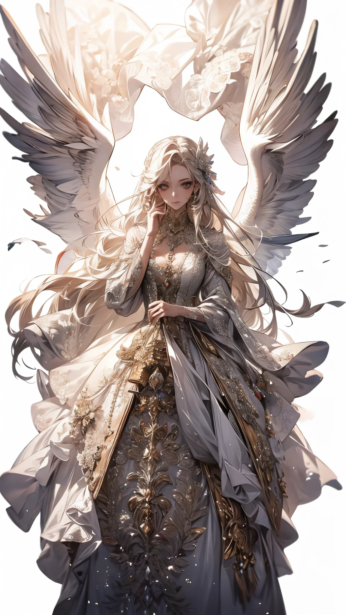 White clothes，wing, Very detailed, Floral clothes，Long Hair Girl, Female Magician