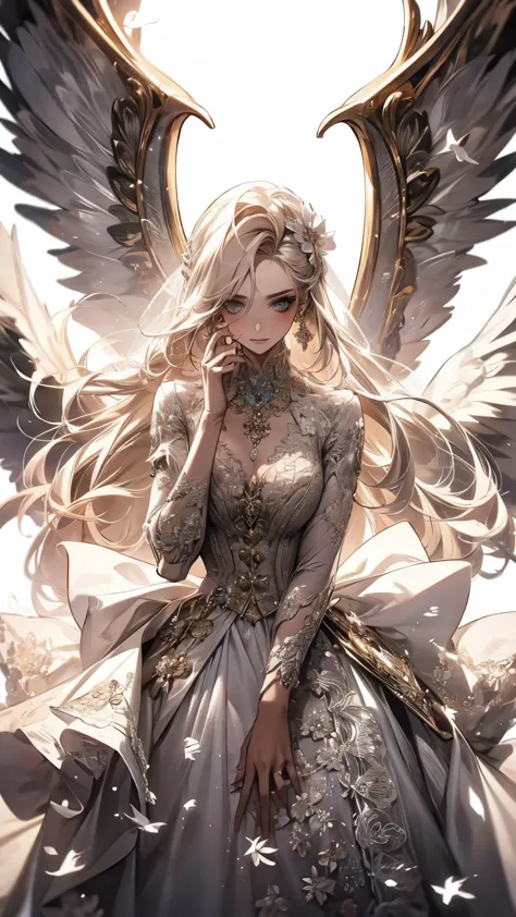 white clothes，wing, very detailed, floral clothes，long hair girl, female magician