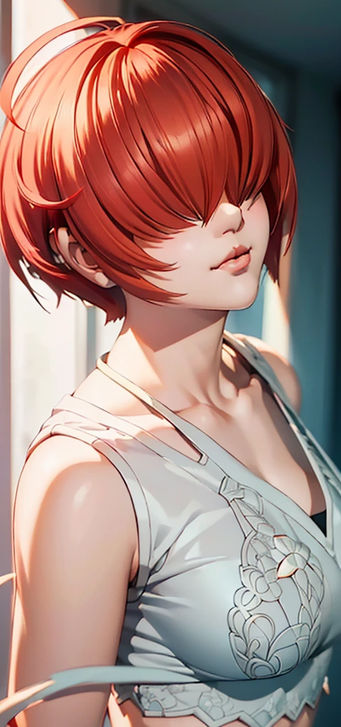 1 Female, single, alone, Beautiful Anime Women,upper body,head tilt,crossed arms,((Hair above the eyes:1.6, Short Bob, Voluminous Hair:1.5, Ahoge, Long Bangs, Red hair)),half smile,smugness,((gray race bra,))