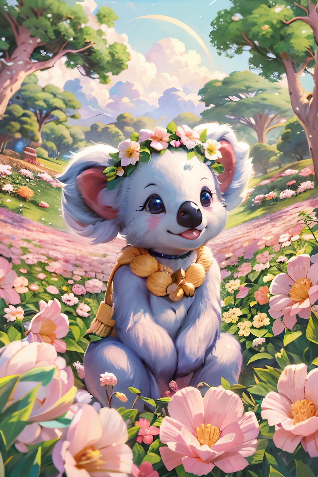 A cute and beautiful anthropomorphic koala girl wearing a heart-shaped choker in a beautiful flower field
