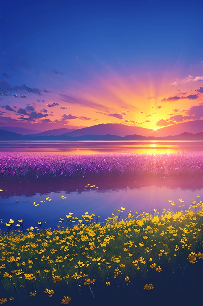 Beautiful fields of flowers, sunrise, lake, butterfly ,nature, wallpaper,, best light