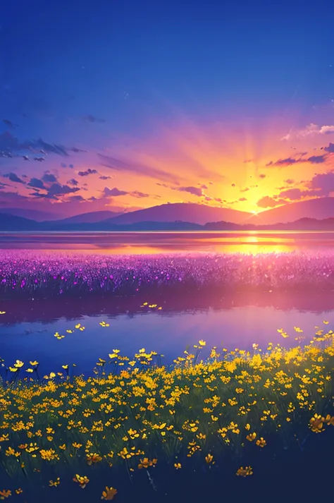 beautiful fields of flowers, sunrise, lake, butterfly ,nature, wallpaper,, best light