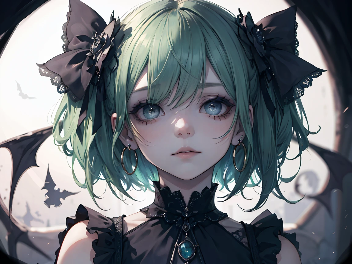 ((masterpiece)), ((best quality)), perfect detailed eyes, perfect detailed face, green hair, short hair, forehead jewel, hollow eyes, hoop earrings, makeup, turn pale, shaded, Baroque, cinematic lighting, high quality, accurate, 8k, Vampire, gothic lolita style dress, dark blue dress, bats in the background