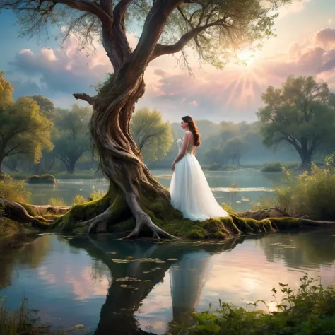 1 girl, (liv tyler in a celestial white dress),enchanting, pond setup, girl on one knee serene, distant from viewer, dynamic clo...