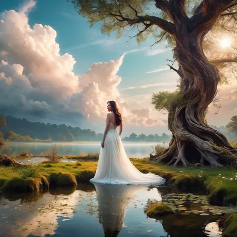 1 girl, (liv tyler in a celestial white dress),enchanting, pond setup, girl on one knee serene, distant from viewer, dynamic clo...