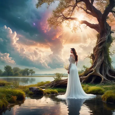 1 girl, (liv tyler in a celestial white dress),enchanting, pond setup, girl on one knee serene, distant from viewer, dynamic clo...