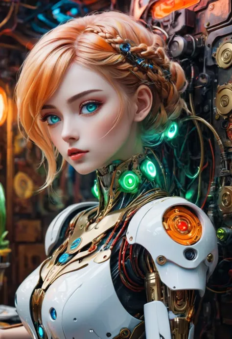 ((whole body)), female humanoid robot fully mechanical from the neck down，light green face, with open part，wiring and mechanics ...