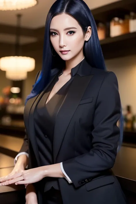 mature woman with long blue hair,, wear a black business vest, wear black business pants, bartender, uv lamp