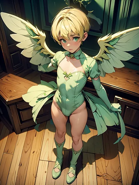 1, boy, wearing a green fairy costume with white wings standing on a hard wood floor shot from above as he looks at the camera c...