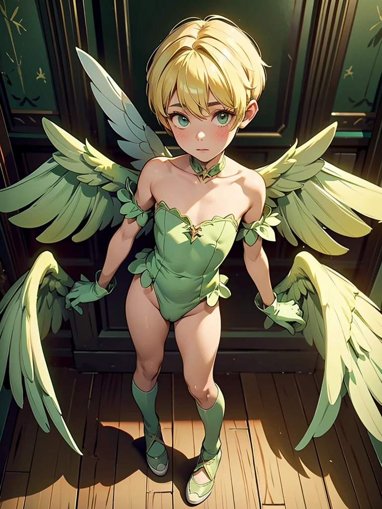 1, boy, wearing a green fairy costume with white wings standing on a hard wood floor shot from above as he looks at the camera confused. Blonde pixie cut. Wearing green gloves and shoes. Darkened room, tiny, little, athletic, erection under clothes, Height about 120 cm