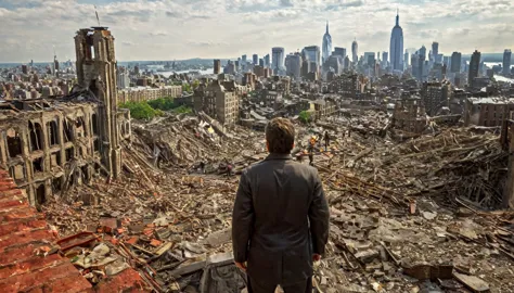 2024; (masterpiece, best quality) destroyed city (new york)people looking up.