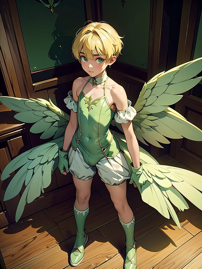 fifteen-year-old boy, wearing a green fairy costume with white wings standing on a hard wood floor shot from above as he looks at the camera confused. Blonde pixie cut. Wearing green gloves and shoes. Darkened room, tiny, little, athletic, erection under clothes, Height about 120 cm