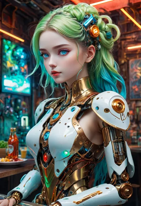 ((whole body)), female humanoid robot fully mechanical from the neck down，light green face, with open part，wiring and mechanics ...